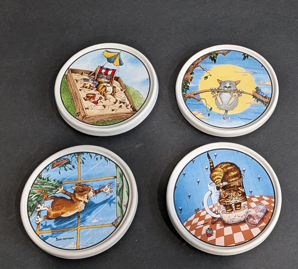 Gary Patterson Cat Comic Ceramic Clay Design Coasters Non-Skid Back Lot Of 4